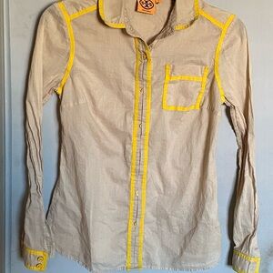 Tory Burch Tan Blouse with Yellow Trim